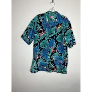 Hilo Hattie Mens Button Up Hawaiian Shirt Large Palm Leaves Retro Multi Color